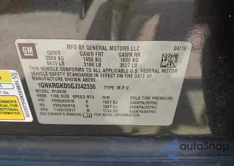 2016 Chevrolet Traverse 1Lt from USA, damaged, VIN 1GNKRGKD5GJ342336